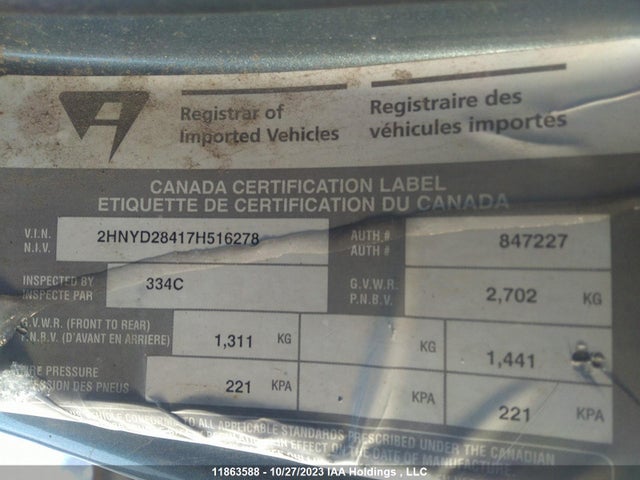 11863588 :رقم المزاد ، 2HNYD28417H516278 vin ، 2007 Acura Mdx Tech/entertainment Pkg مزاد بيع