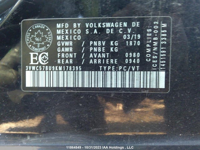 3VWC57BU9KM178395 Volkswagen Jetta S/se/r-line