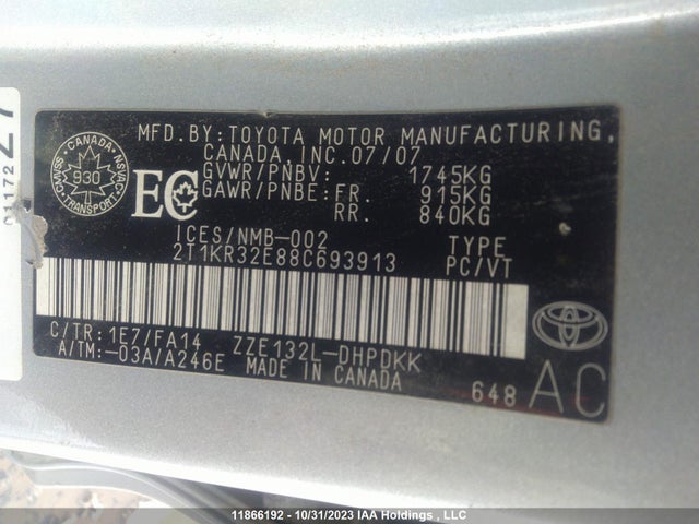 11866192 :رقم المزاد ، 2T1KR32E88C693913 vin ، 2008 Toyota Corolla Matrix Xr مزاد بيع