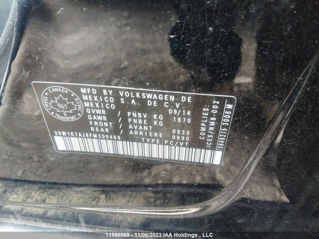 Volkswagen JETTA S 2015 3VW1K7AJ8FM209469 Image 9