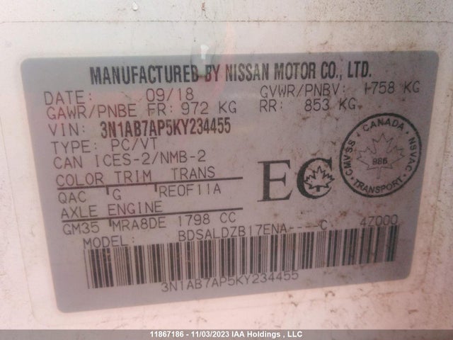 11867186 :رقم المزاد ، 3N1AB7AP5KY234455 vin ، 2019 Nissan Sentra S/sv مزاد بيع