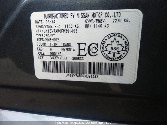 JN1BV7AR0FM391493 Infiniti Q50