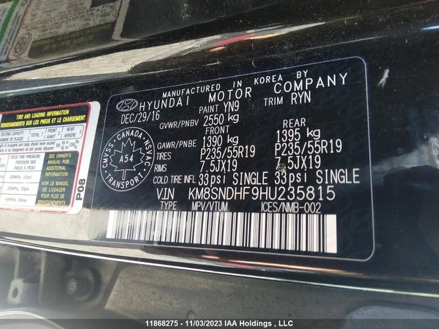 11868275 :رقم المزاد ، KM8SNDHF9HU235815 vin ، 2017 Hyundai Santa Fe Se/limited مزاد بيع