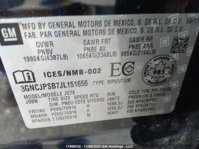 Chevrolet TRAX 1LT 2018 3GNCJPSB7JL151656 Image 9