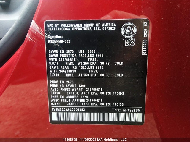 1V2MC2CA0LC206882 Volkswagen Atlas Cross Sport Comfortline