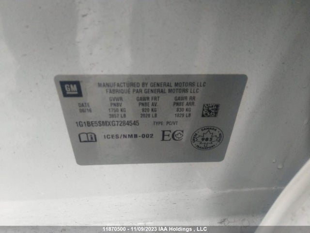 Chevrolet CRUZE LT 2016 1G1BE5SMXG7284545 Image 9