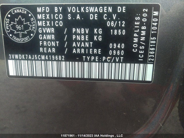 Продажа на аукционе авто 2012 Volkswagen Jetta, vin: 3VWDK7AJ5CM419682, номер лота: 11871961