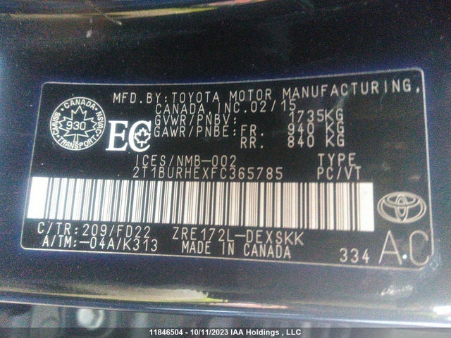 Toyota COROLLA CE/S/LE 2015 2T1BURHEXFC365785 Image 9