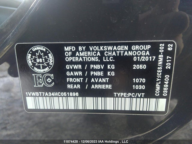 1VWBT7A34HC051896 Volkswagen PASSAT SE