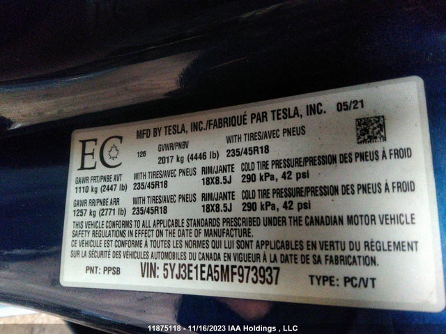 5YJ3E1EA5MF973937 Tesla Model 3 Standard Range