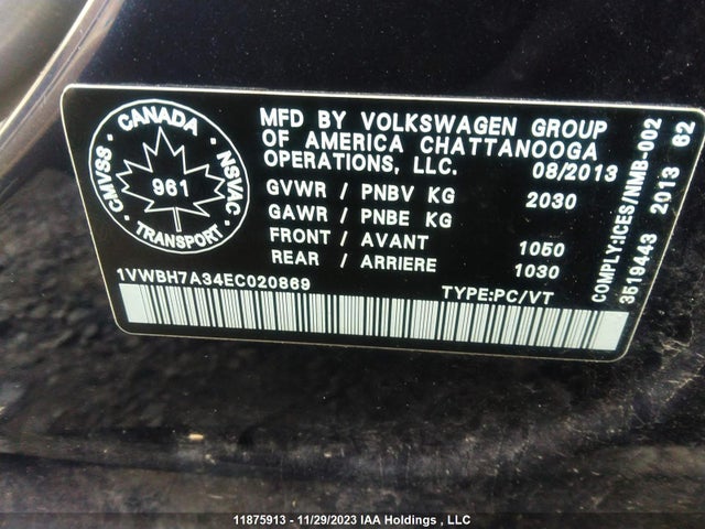 1VWBH7A34EC020869 Volkswagen PASSAT SE