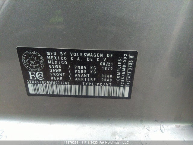 3VWC57BU0MM071769 Volkswagen Jetta Comfortline