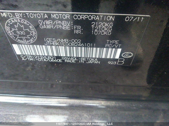 Продажа на аукционе авто 2011 Lexus Es 350, vin: JTHBK1EG0B2461011, номер лота: 11877837