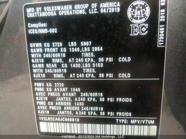 1V2LR2CA6JC568819 Volkswagen Atlas Comfortline