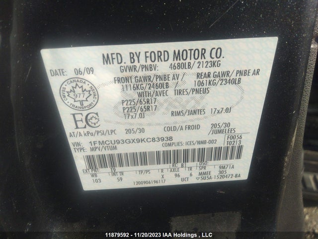 Продажа на аукционе авто 2009 Ford Escape Xlt, vin: 1FMCU93GX9KC83938, номер лота: 11879592