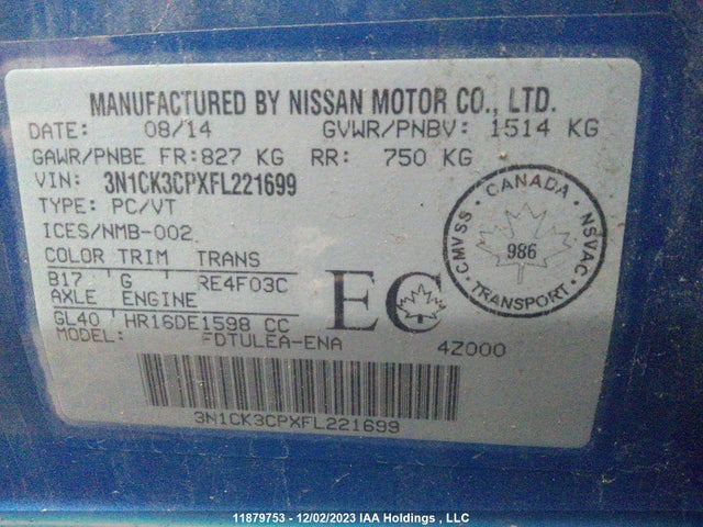 Aukcja sprzedaży 2015 Nissan Micra, vin: 3N1CK3CPXFL221699, numer aukcji: 11879753