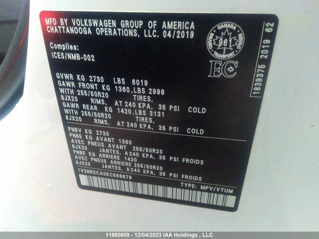 1V2NR2CA0KC566879 Volkswagen Atlas Sel Premium
