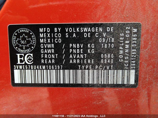 3VWE57BU4KM106397 Volkswagen Jetta Highline