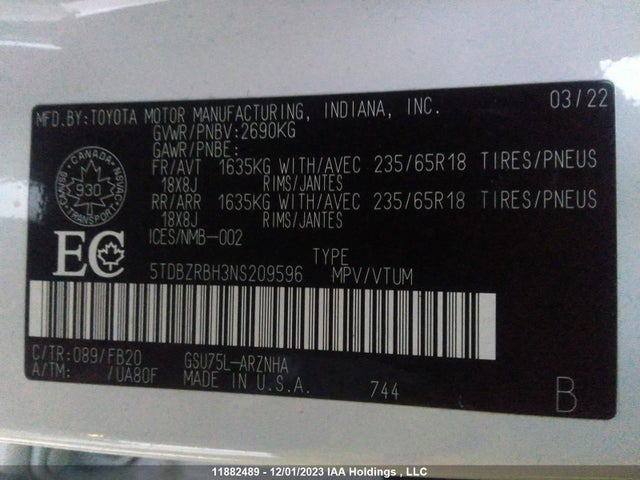 Toyota Highlander L/le 2022 5TDBZRBH3NS209596 Image 9