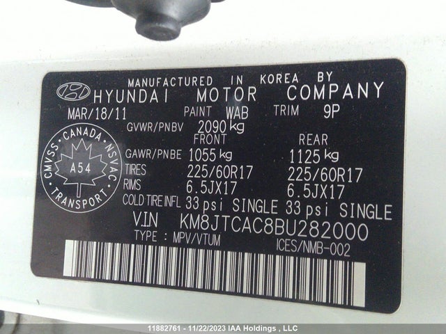 11882761 :رقم المزاد ، KM8JTCAC8BU282000 vin ، 2011 Hyundai Tucson Gl مزاد بيع