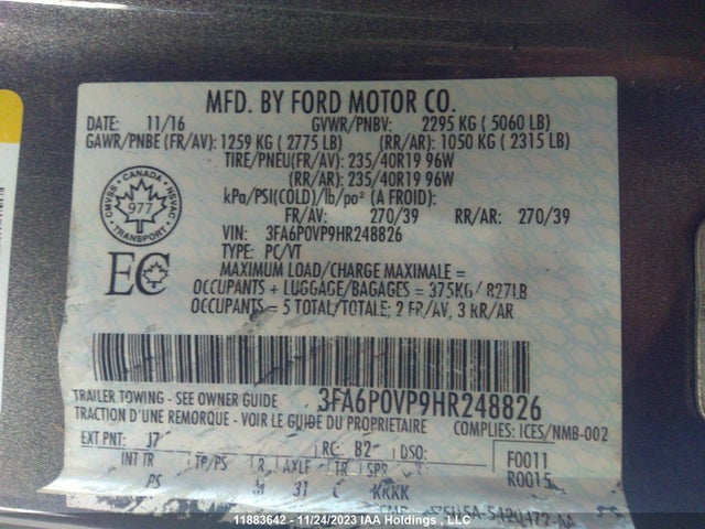 3FA6P0VP9HR248826 Ford Fusion Sport