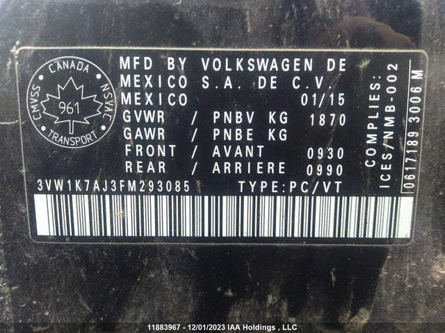 3VW1K7AJ3FM293085 Volkswagen JETTA S
