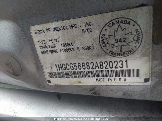 2002 Honda Accord Ex მანქანა იყიდება აუქციონზე, vin: 1HGCG56682A820231, აუქციონის ნომერი: 11884162
