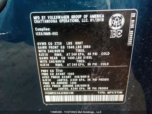 1V2MR2CA3JC553165 Volkswagen ATLAS