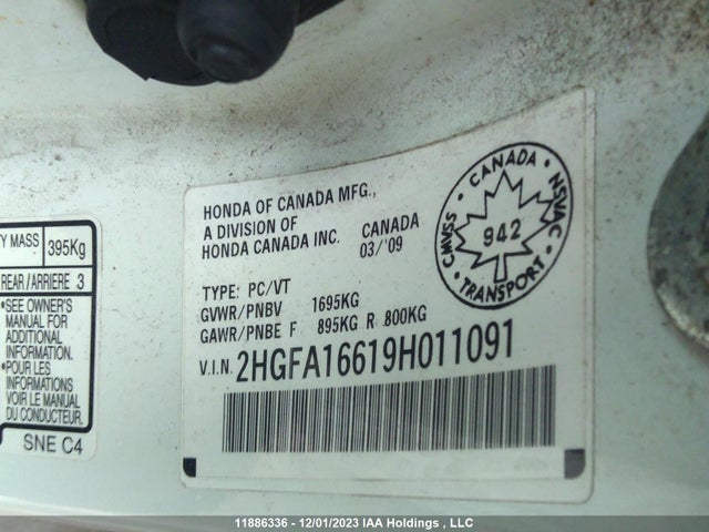 2009 Honda Civic Sdn Sport მანქანა იყიდება აუქციონზე, vin: 2HGFA16619H011091, აუქციონის ნომერი: 11886336