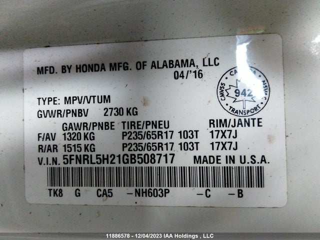 Honda ODYSSEY LX 2016 5FNRL5H21GB508717 Image 9
