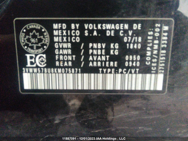 3VWW57BU8KM075871 Volkswagen Jetta Highline