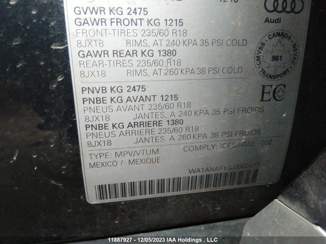 Продаж на аукціоні авто 2018 Audi Q5 Komfort, vin: WA1ANAFY3J2002477, номер лоту: 11887927