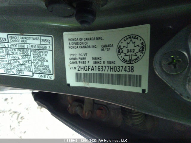 Aukcja sprzedaży 2007 Honda Civic Sdn Dx-g, vin: 2HGFA16377H037438, numer aukcji: 11888949