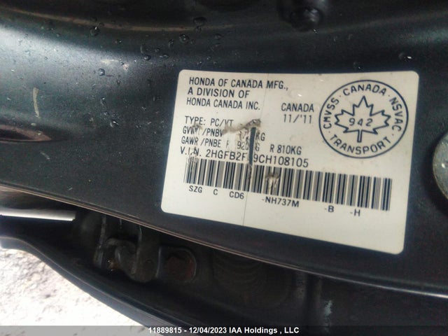 11889815 :رقم المزاد ، 2HGFB2F59CH108105 vin ، 2012 Honda Civic Ex 4dr مزاد بيع