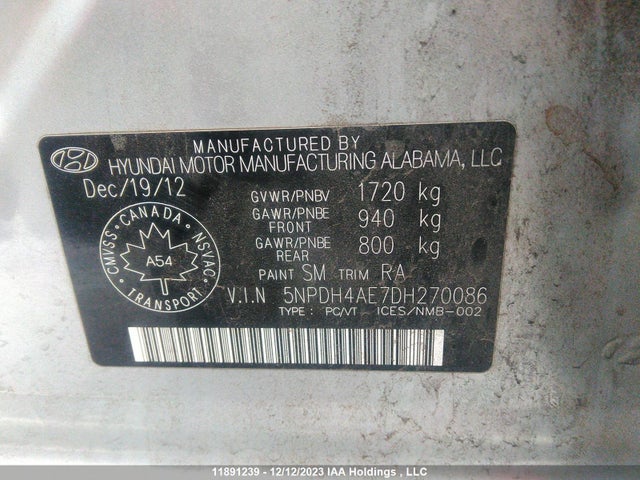Aukcja sprzedaży 2013 Hyundai Elantra Gls, vin: 5NPDH4AE7DH270086, numer aukcji: 11891239