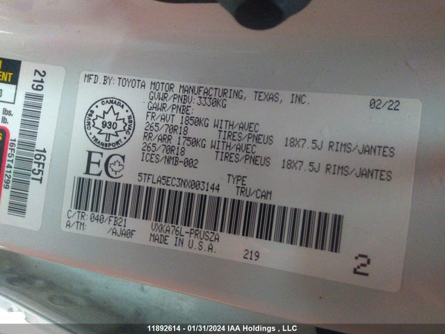 Toyota Tundra Crewmax Sr5 2022 5TFLA5EC3NX003144 Image 9