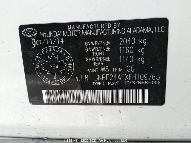 Hyundai Sonata 2.4l Gls 2015 5NPE24AFXFH109765 Image 9