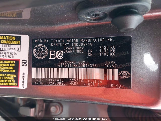 Продаж на аукціоні авто 2018 Toyota Camry Le/se/xle, vin: 4T1B11HK4JU617375, номер лоту: 11893321