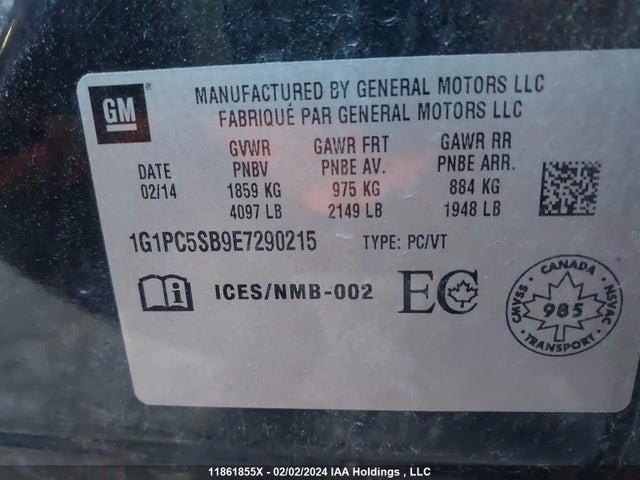 Aukcja sprzedaży 2014 Chevrolet Cruze 1lt, vin: 1G1PC5SB9E7290215, numer aukcji: 11861855