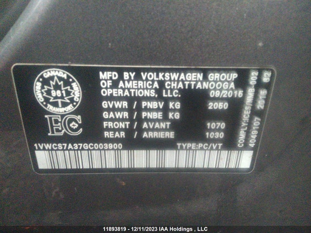 1VWCS7A37GC003900 Volkswagen Passat Sel/sel Premium