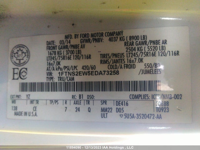 1FTNS2EW5EDA73258 Ford Econoline E250 Van