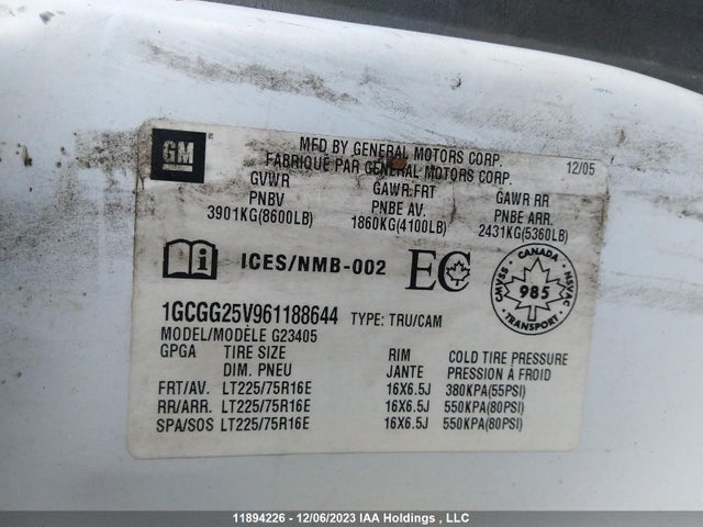 Продажа на аукционе авто 2006 Chevrolet Express G2500, vin: 1GCGG25V961188644, номер лота: 11894226
