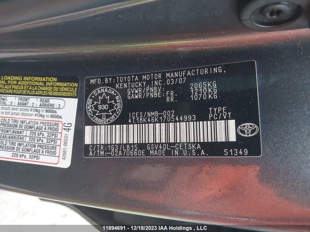 2007 Toyota Camry Le/xle/se მანქანა იყიდება აუქციონზე, vin: 4T1BK46K17U544993, აუქციონის ნომერი: 11894691