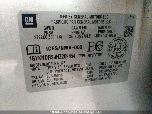 11894804 :رقم المزاد ، 1GYKNDRS9HZ209454 vin ، 2017 Cadillac Xt5 Luxury Awd مزاد بيع
