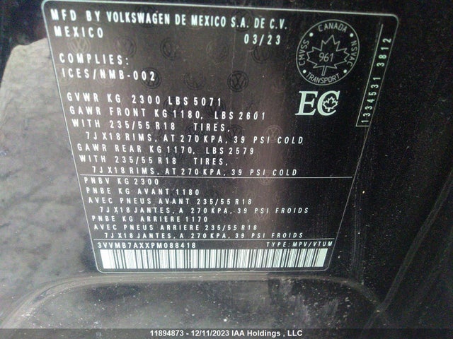 3VVMB7AXXPM088418 Volkswagen Tiguan Comfortline
