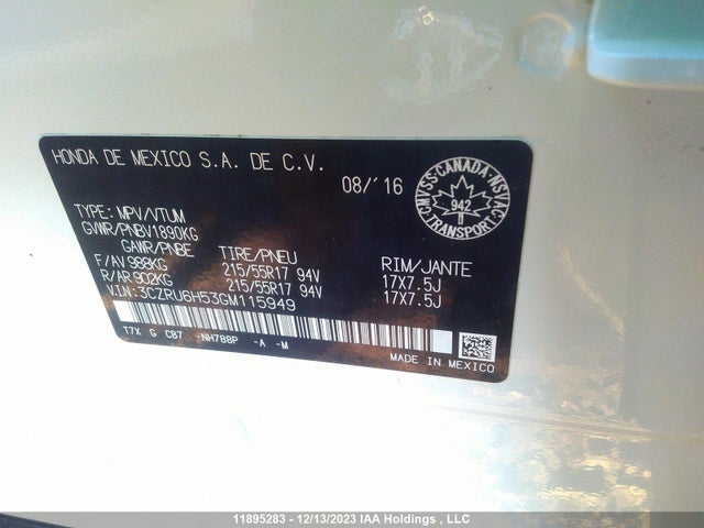 Aukcja sprzedaży 2016 Honda Hr-v Ex, vin: 3CZRU6H53GM115949, numer aukcji: 11895283