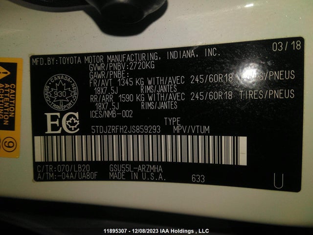 Toyota Highlander Se/xle 2018 5TDJZRFH2JS859293 Image 9