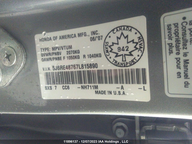 11896137 :رقم المزاد ، 5J6RE48767L815890 vin ، 2007 Honda Cr-v Exl مزاد بيع