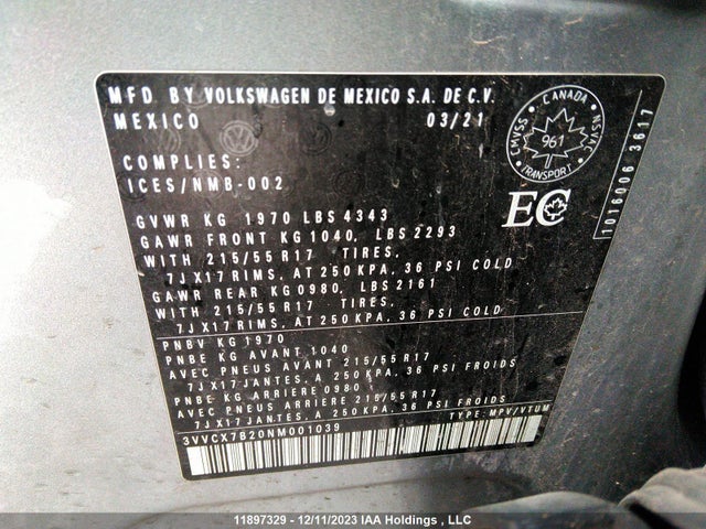 3VVCX7B20NM001039 Volkswagen TAOS S