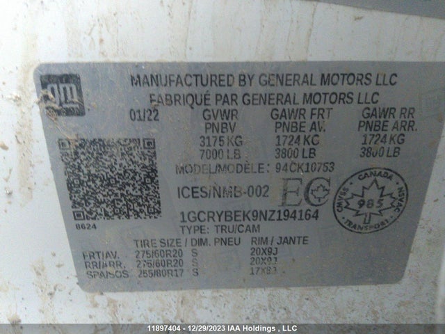Chevrolet Silverado Ltd K1500 2022 1GCRYBEK9NZ194164 Image 9